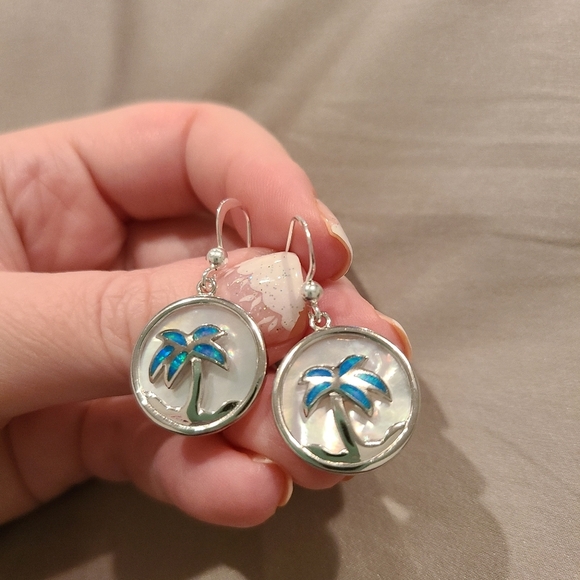Palm tree opal mother of pearl sterling silver drop earrings - Picture 2 of 7